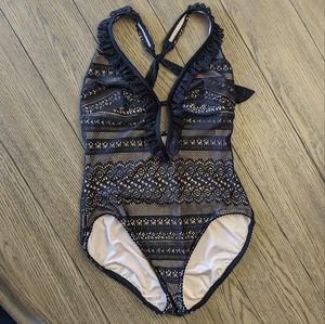 🔥Kate Spade One Piece Halter Lacey / Crochet Look Swimsuit in Black